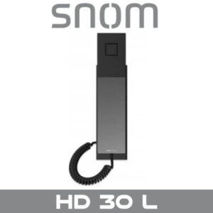 Black Snom office phone with cord and display, model HD 30 L shown against a gray background.