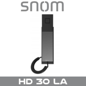 A sleek Snom door intercom model HD 30 LA with a coiled cable on a plain background.