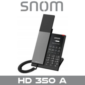 A black Snom branded desk phone model HD 350 A with a display and buttons, against a grey background.