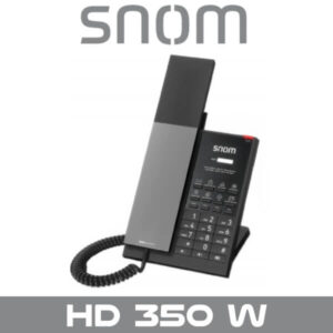 A Snom HD 350 W model office phone with handset lifted from the base, displaying the keypad and brand logo.