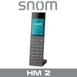 A modern SNOM brand office phone with a digital display on a stand, showcasing a clean and contemporary design