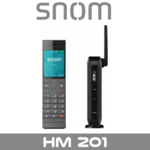 A Snom HM 201 wireless DECT handset and base, displayed against a white background.