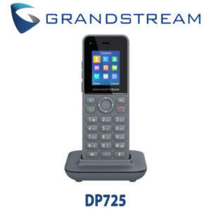 A sleek Grandstream DP725 VoIP phone displayed on its charging dock, featuring a color screen and numerical keypad.