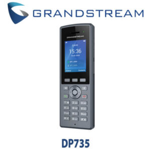 A sleek Grandstream DP735 cordless VoIP phone displaying the time and contact options, designed for seamless communication.