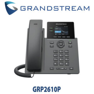 A high-definition VoIP phone model GRP2610P from Grandstream, featuring a sleek design and a user-friendly interface with a keypad and display screen.