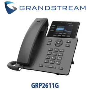 A sleek Grandstream GRP2611G VoIP phone featuring a modern design, HD audio, and a user-friendly interface, displayed with the brand logo above.