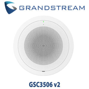 A round Grandstream GSC3506 v2 speaker with a perforated grill design and a green indicator light on a white background.