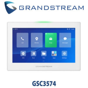 Image of the Grandstream GSC3574 smart device displaying its user interface with various app icons and status options.