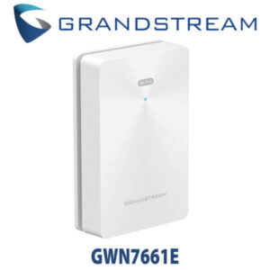 A white Grandstream GWN7661E access point with a blue LED indicator, designed for Wi-Fi connectivity.