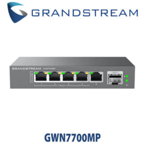 A device showcasing the Grandstream GWN7700MP network switch with multiple Ethernet ports and indicator lights.