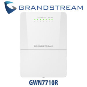 A sleek white wireless access point with indicator lights, featuring the Grandstream logo and model name GWN7710R prominently displayed.