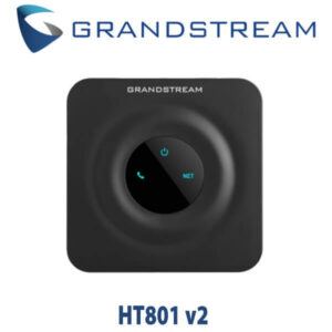 A sleek black VoIP adapter with an illuminated button interface and the Grandstream logo above, designed for high-quality voice communication.