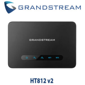 A sleek black VoIP gateway from Grandstream featuring indicator lights for network and call functions.