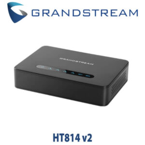 A sleek black Grandstream HT814 v2 VoIP adapter featuring a series of illuminated icons on the top, designed for seamless internet phone service connectivity.