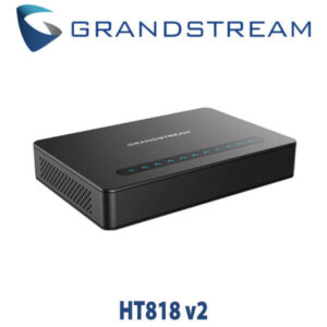 A sleek black VoIP adapter from Grandstream featuring multiple indicator lights, designed for high-quality voice communication.