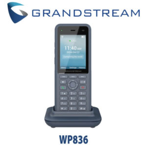 Grandstream WP836 mobile VoIP phone displayed on a charging dock with a digital screen showcasing time and connectivity options.