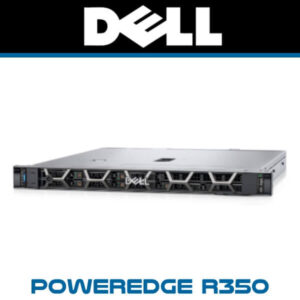 A sleek Dell PowerEdge R350 server viewed from the front, showcasing its compact design and ventilation features against a branded backdrop.