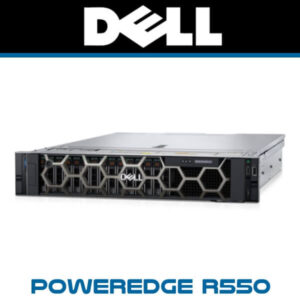 A sleek Dell PowerEdge R550 server showcasing a modern design with a hexagonal grille and multiple drive bays, set against the iconic Dell logo.