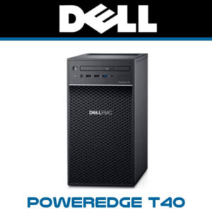 A front view of the Dell PowerEdge T40, showcasing its sleek design and features including ports and a DVD drive.