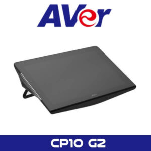 A sleek AVer CP10 G2 interactive display with a modern design, featuring a touch screen and adjustable stand.