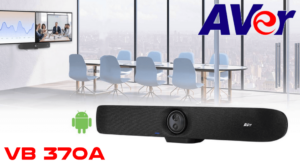 Modern conference room featuring the AVer VB 370A audio-visual device and a large screen displaying data analytics.