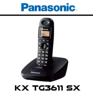 A black Panasonic KX-TG3611 cordless phone displayed on its base station, featuring a numeric keypad and a digital screen.