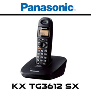 A black Panasonic cordless phone on its charging base, featuring a digital display and keypad.