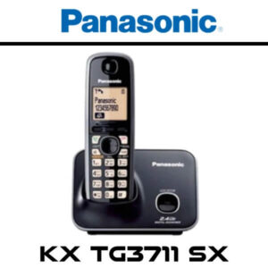 Image of a Panasonic KX-TG3711 SX cordless phone on its charging base, showcasing a digital display and keypad.