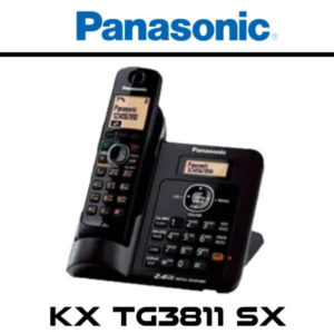 A sleek Panasonic cordless phone model KX-TG3811 SX, featuring a base unit and a portable handset, showcasing a modern design with easy-to-read displays.