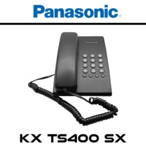 A sleek black Panasonic KX-TS400SX landline phone featuring a keypad and coiled cord, ideal for home or office use.