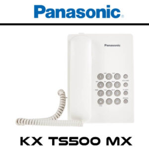 A white Panasonic KX-TS500MX landline telephone with a numeric keypad and curly cord.