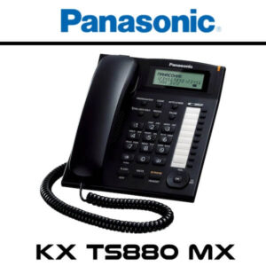 A black Panasonic KX-TS880 MX telephone with a digital display and number keypad.