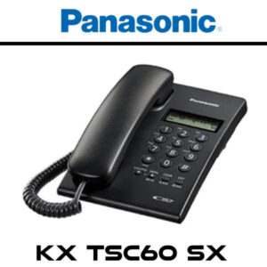 A black Panasonic KX TSC60 SX corded telephone with a keypad and display screen.