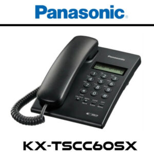 A black Panasonic desk phone featuring a standard keypad and display for caller ID and call management.