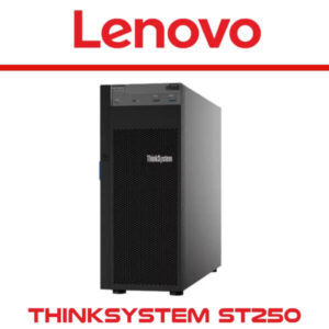 Front view of a Lenovo ThinkSystem ST250 server, showcasing its sleek black design and branding on a white background.