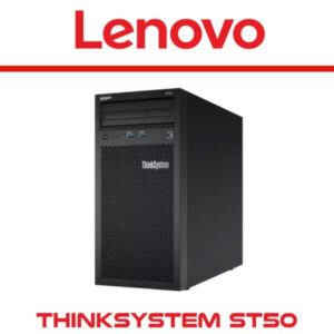 A sleek Lenovo ThinkSystem ST50 desktop tower, showcasing a modern design with front ports, ideal for small business applications.