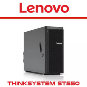 A sleek Lenovo ThinkSystem ST550 server shown from the front, featuring a black design with a prominent brand logo and an access panel.